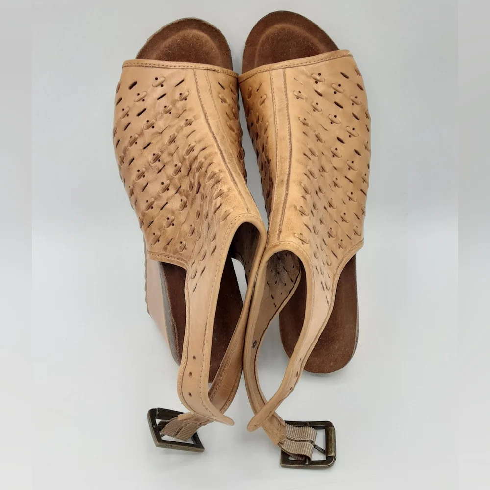 Diba True Leather Boho Tan Perforated Wedge Sandals.